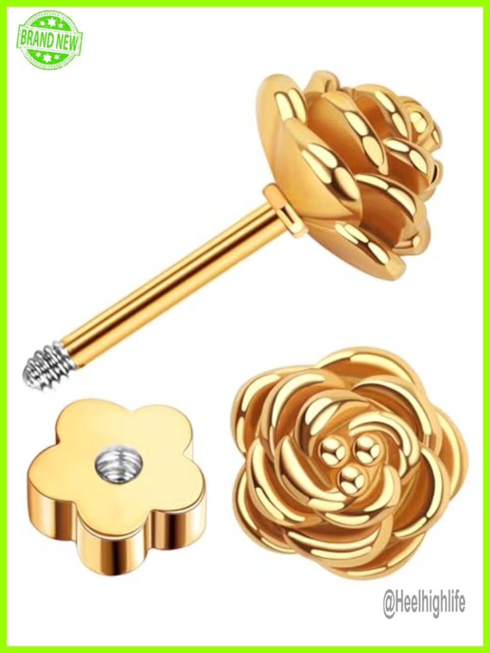 20G Flower Flat Back Stud Earrings 14K Gold Plated Surgical Steel Screw Back
